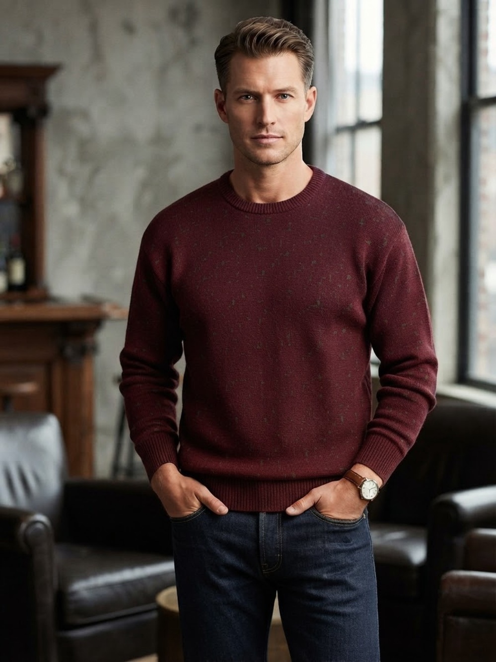 VINTAGE Giorgio di Firenze Italian Plum Burgundy Micro-Pattern Crewneck Sweater